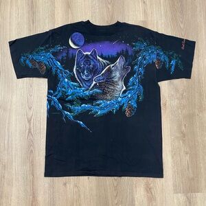 Blue and Black Short Sleeve Tee with Wolf Design